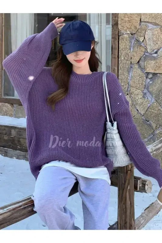 Women's Burgundy Oversize Knit Sweater-Purple - 7