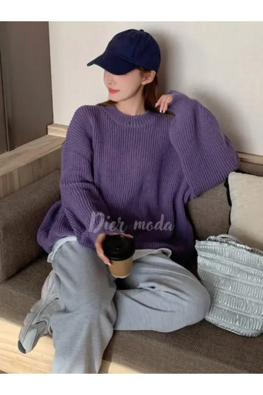 Women's Burgundy Oversize Knit Sweater-Purple - 6