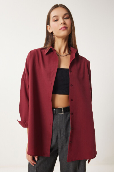 Women's Burgundy Oversize Long Basic Shirt DD00842 