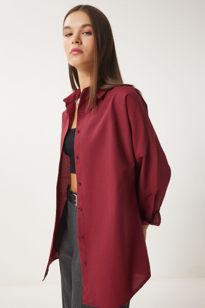 Women's Burgundy Oversize Long Basic Shirt DD00842 - 3