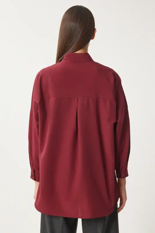 Women's Burgundy Oversize Long Basic Shirt DD00842 - Burgundy - 5