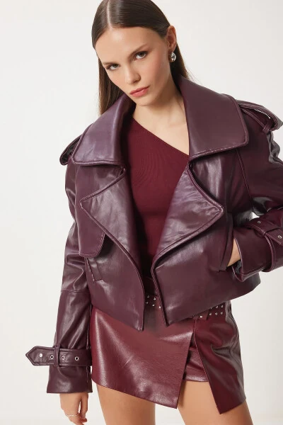 Women's Burgundy Oversized Faux Leather Jacket OH00059 - HAPPINESS İSTANBUL