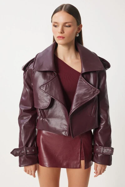 Women's Burgundy Oversized Faux Leather Jacket OH00059 - HAPPINESS İSTANBUL (1)