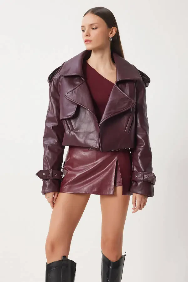 Women's Burgundy Oversized Faux Leather Jacket OH00059 - 3
