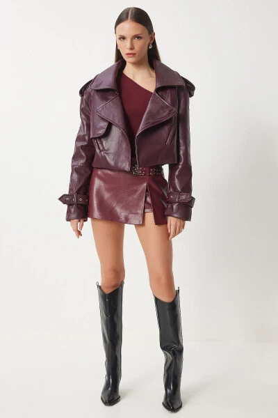Women's Burgundy Oversized Faux Leather Jacket OH00059 - 4