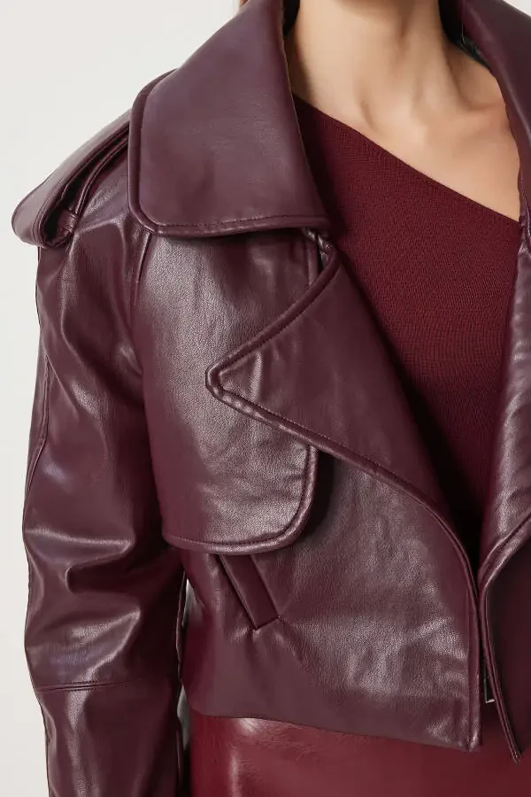 Women's Burgundy Oversized Faux Leather Jacket OH00059 - 5