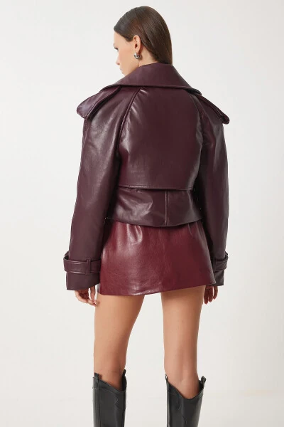 Women's Burgundy Oversized Faux Leather Jacket OH00059 - 6