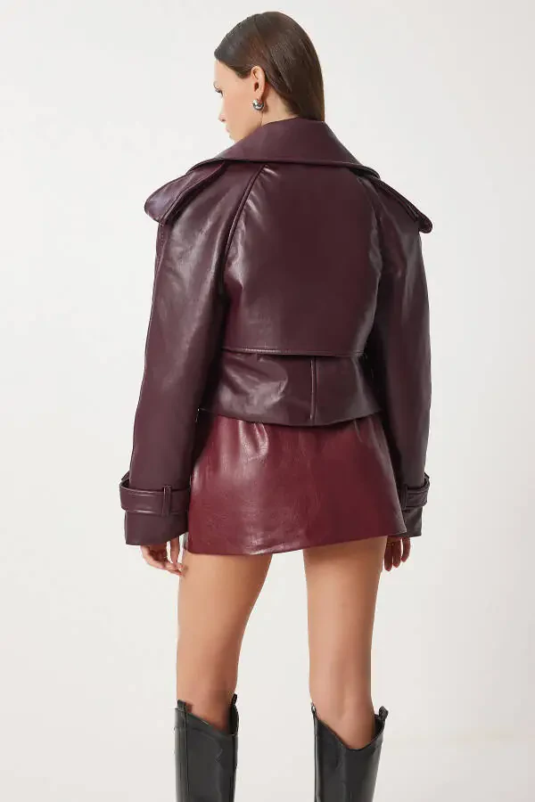Women's Burgundy Oversized Faux Leather Jacket OH00059 - 6