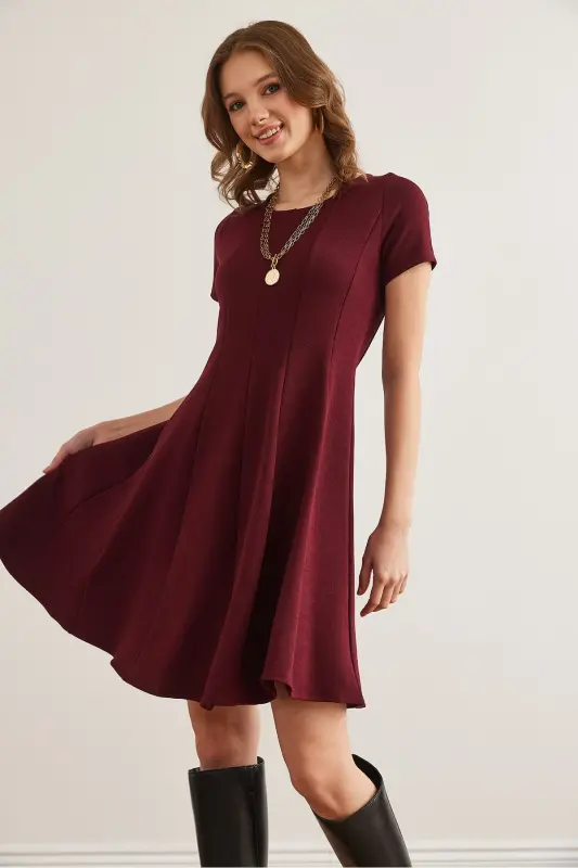 Women's Burgundy Patchwork Trendy Mini Flared Dress CLO-190 - 3
