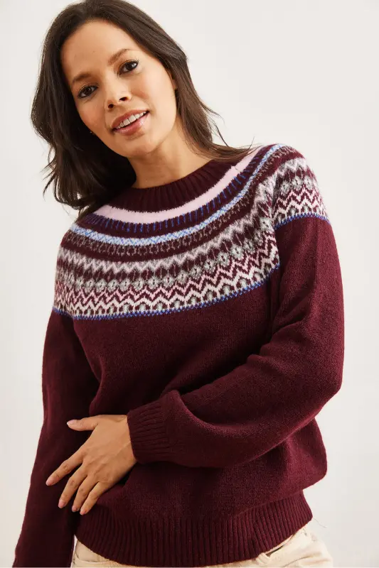 Women's Burgundy Patterned Collar Soft Texture Knitted Sweater KZK-19000846-Burgundy - 4