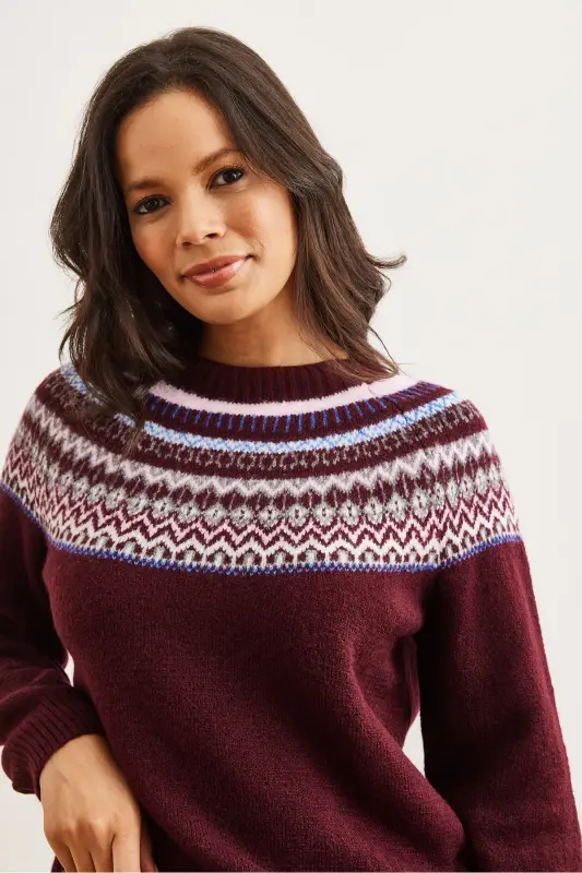Women's Burgundy Patterned Collar Soft Texture Knitted Sweater KZK-19000846-Burgundy - 6