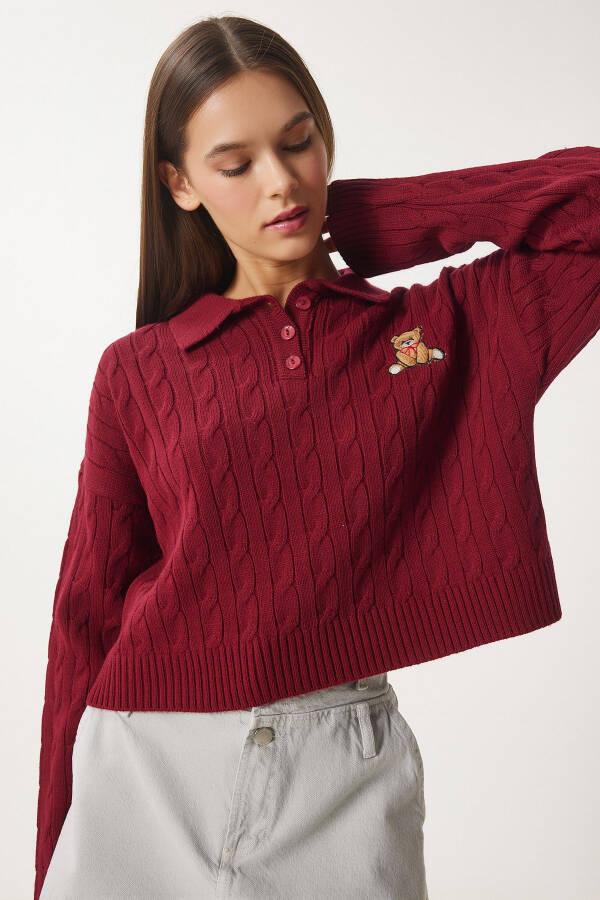 Women's Burgundy Patterned Knitted Sweater ZH00043 - 3