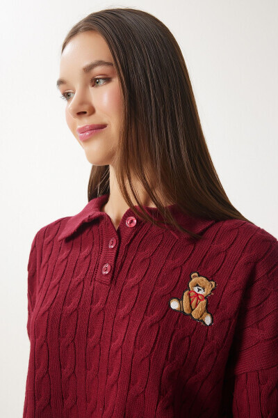 Women's Burgundy Patterned Knitted Sweater ZH00043 - 5