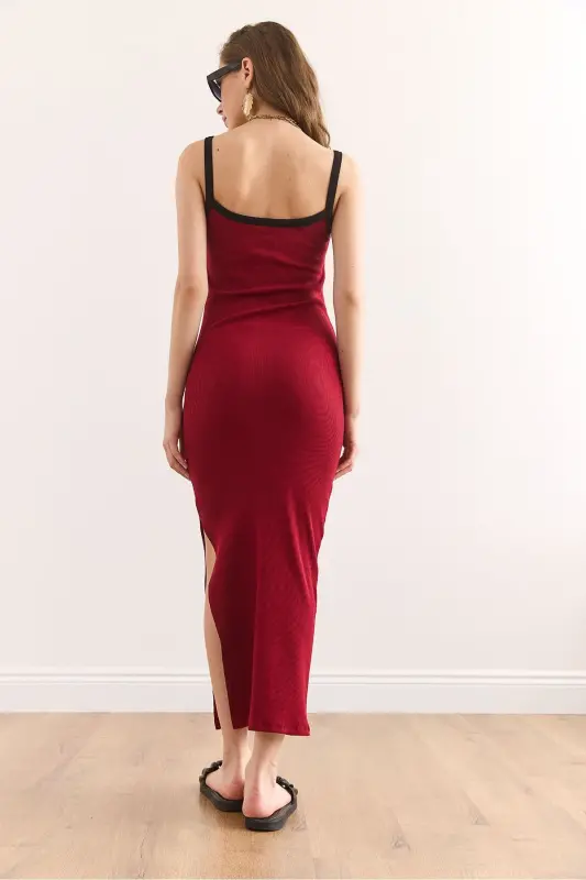 Women's Burgundy Piping Detailed Slit Maxi Ribbed D - 6