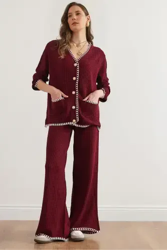 Women's Burgundy Piping Detailed Top Cardigan Bottom Pants Knitted Suit TKM-19000305-Burgundy - 1