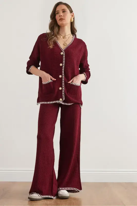 Women's Burgundy Piping Detailed Top Cardigan Bottom Pants Knitted Suit TKM-19000305-Burgundy - 1