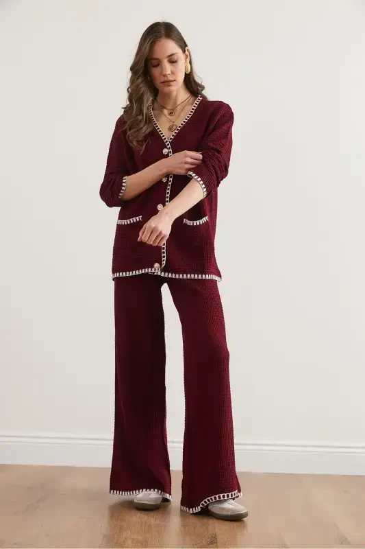 Women's Burgundy Piping Detailed Top Cardigan Bottom Pants Knitted Suit TKM-19000305-Burgundy - 2