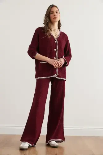 Women's Burgundy Piping Detailed Top Cardigan Bottom Pants Knitted Suit TKM-19000305-Burgundy - 3