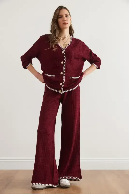 Women's Burgundy Piping Detailed Top Cardigan Bottom Pants Knitted Suit TKM-19000305-Burgundy - 4