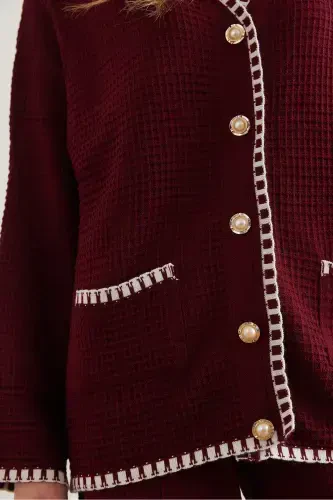Women's Burgundy Piping Detailed Top Cardigan Bottom Pants Knitted Suit TKM-19000305-Burgundy - 5