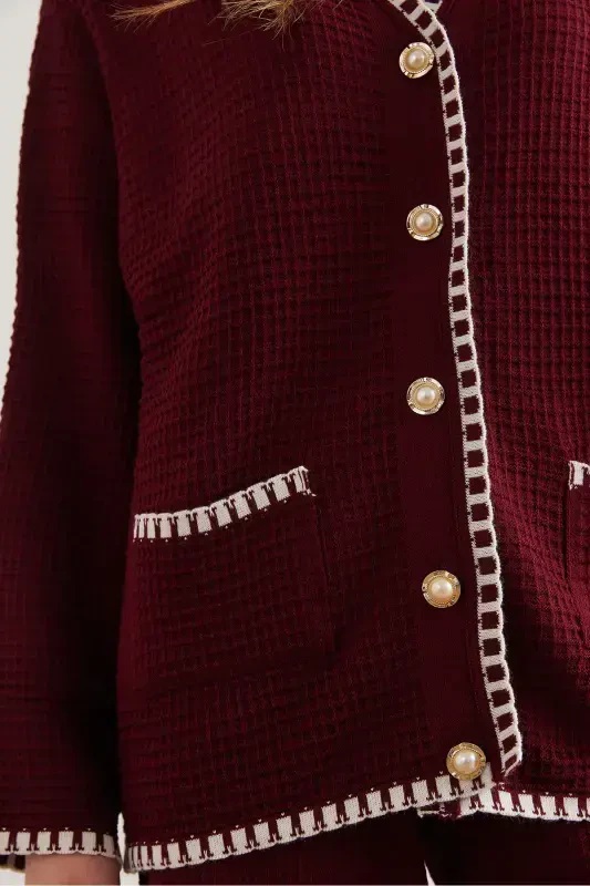 Women's Burgundy Piping Detailed Top Cardigan Bottom Pants Knitted Suit TKM-19000305-Burgundy - 5