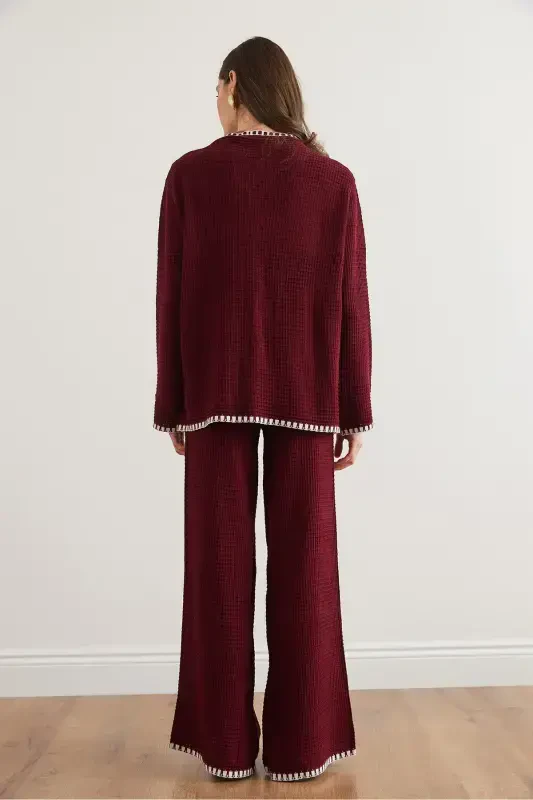 Women's Burgundy Piping Detailed Top Cardigan Bottom Pants Knitted Suit TKM-19000305-Burgundy - 6