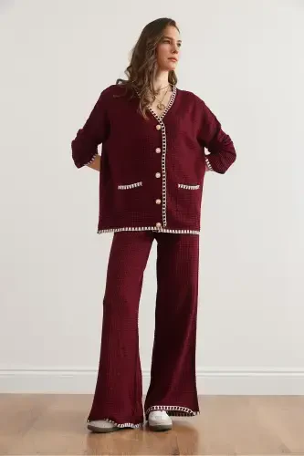 Women's Burgundy Piping Detailed Top Cardigan Bottom Pants Knitted Suit TKM-19000305-Burgundy - 7