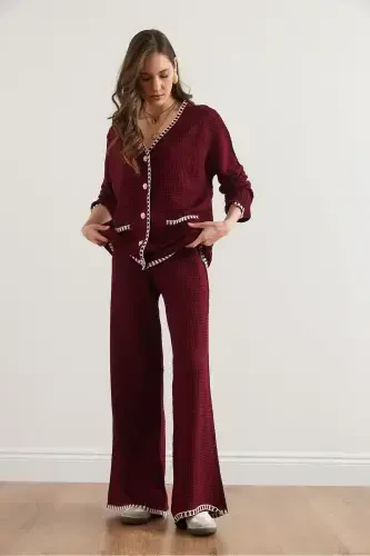 Women's Burgundy Piping Detailed Top Cardigan Bottom Pants Knitted Suit TKM-19000305-Burgundy - 8