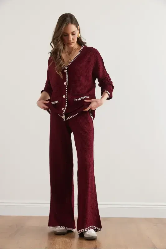 Women's Burgundy Piping Detailed Top Cardigan Bottom Pants Knitted Suit TKM-19000305-Burgundy - 8