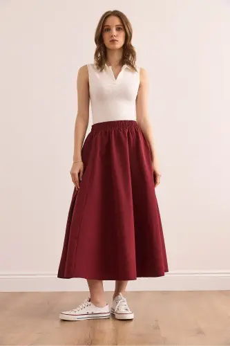 Women's Burgundy Pocketed Elastic Waist Midi Woven Flared Skirt - OLALOOK (1)
