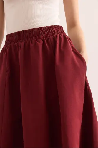 Women's Burgundy Pocketed Elastic Waist Midi Woven Flared Skirt - 6