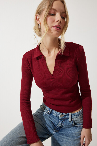 Women's Burgundy Polo Neck Ribbed Knit Blouse GT00111 - HAPPINESS İSTANBUL