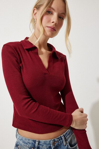 Women's Burgundy Polo Neck Ribbed Knit Blouse GT00111 - HAPPINESS İSTANBUL (1)