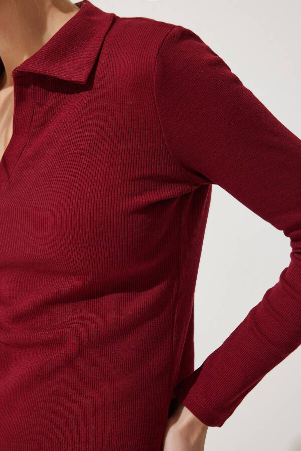 Women's Burgundy Polo Neck Ribbed Knit Blouse GT00111 - 4