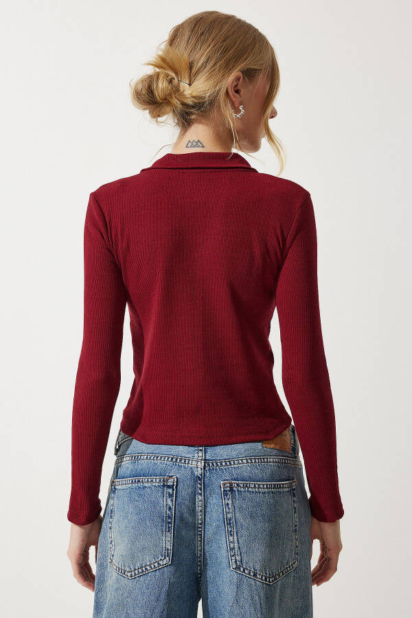 Women's Burgundy Polo Neck Ribbed Knit Blouse GT00111 - 5