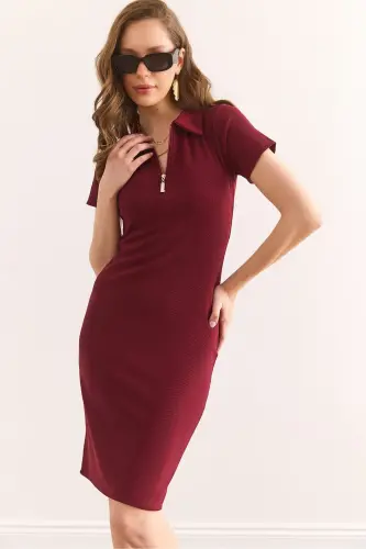 Women's Burgundy Polo Neck Zippered Fine Ribbed Dress 