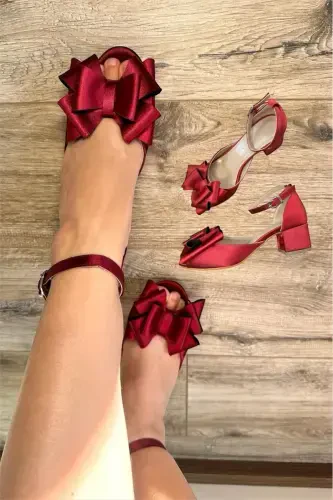 Women's Burgundy Satin Bow Comfortable 5 Cm Thick Heel Evening Dress Bridal Shoe-BURGUNDY - 1