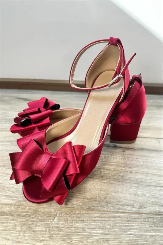 Women's Burgundy Satin Bow Comfortable 5 Cm Thick Heel Evening Dress Bridal Shoe-BURGUNDY - 2