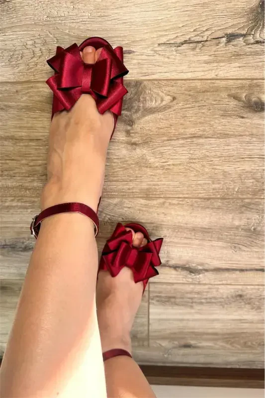 Women's Burgundy Satin Bow Comfortable 5 Cm Thick Heel Evening Dress Bridal Shoe-BURGUNDY - 3