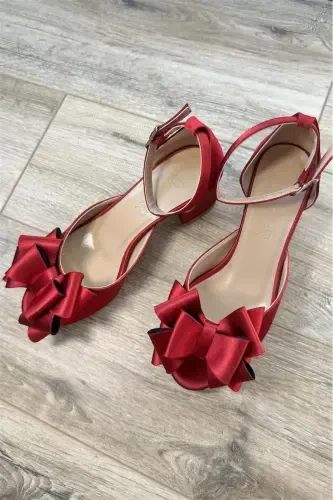 Women's Burgundy Satin Bow Comfortable 5 Cm Thick Heel Evening Dress Bridal Shoe-BURGUNDY - 4