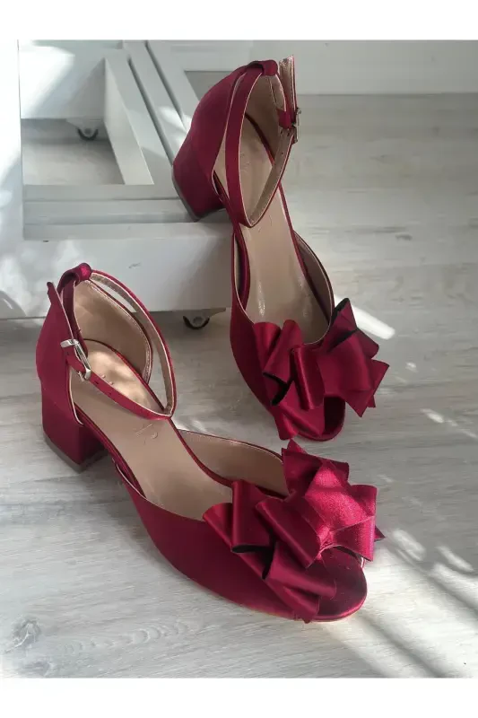 Women's Burgundy Satin Bow Comfortable 5 Cm Thick Heel Evening Dress Bridal Shoe-BURGUNDY - 6