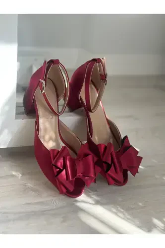 Women's Burgundy Satin Bow Comfortable 5 Cm Thick Heel Evening Dress Bridal Shoe-BURGUNDY - 7