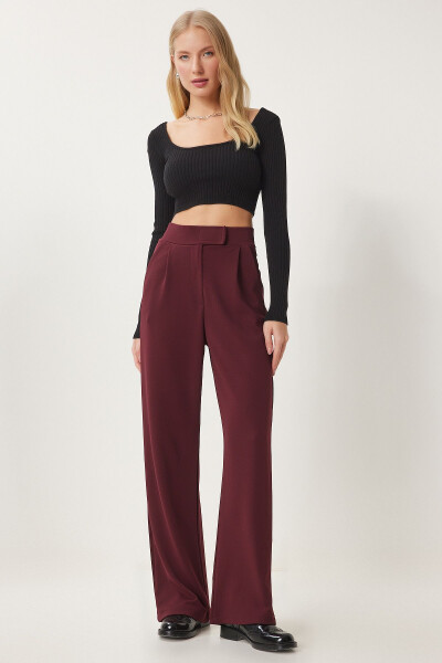 Women's Burgundy Self-Belt Casual Woven Trousers RV00150 