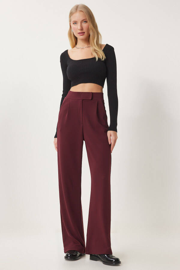 Women's Burgundy Self-Belt Casual Woven Trousers RV00150 - 1