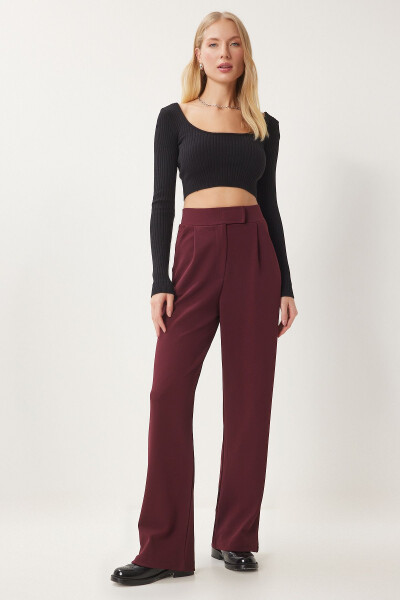 Women's Burgundy Self-Belt Casual Woven Trousers RV00150 - 2