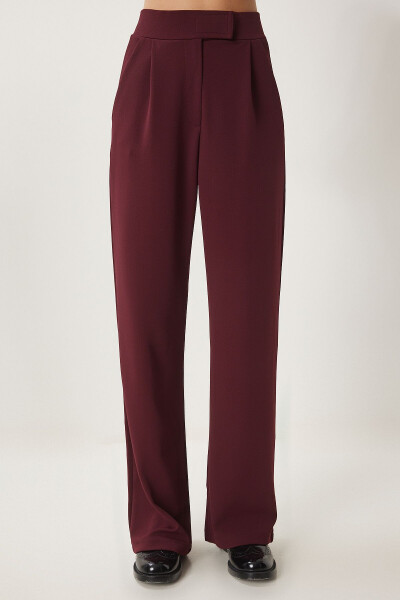 Women's Burgundy Self-Belt Casual Woven Trousers RV00150 - 3