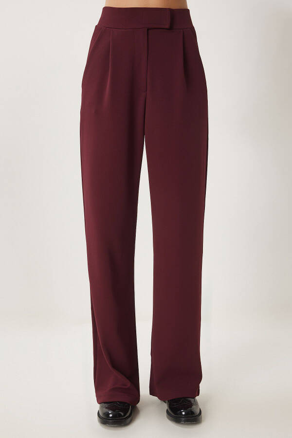 Women's Burgundy Self-Belt Casual Woven Trousers RV00150 - 3