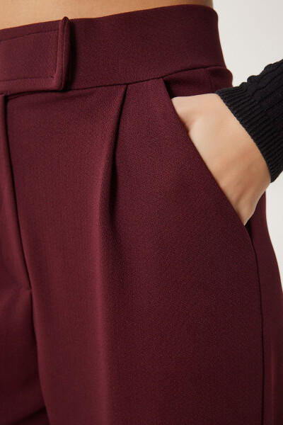 Women's Burgundy Self-Belt Casual Woven Trousers RV00150 - 4