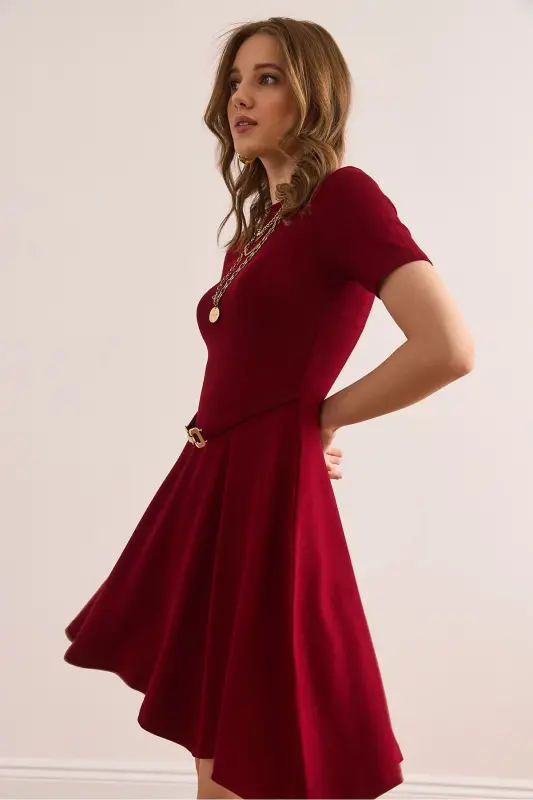 Women's Burgundy Self-Belt Detailed Soft Texture - 4