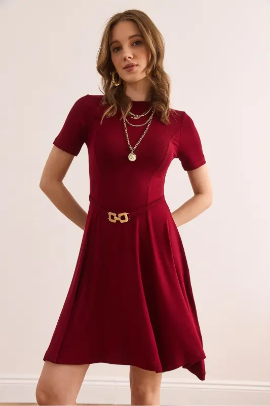 Women's Burgundy Self-Belt Detailed Soft Texture - 6